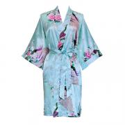 838 Women Peacock Kimono Short Sleeve Silk Bridal Robe