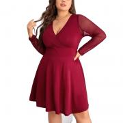 LN3512 Lace Sleeve Solid Surplice Neck Mesh Panel Cocktail Party Dress