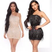 LD2204 One Shoulder Sequin Tassel Bodycon Sexy Casual Mini Dress