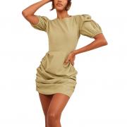 BD1096 Short Puff Sleeves Ruched Bodycon Mini Summer Casual Dress