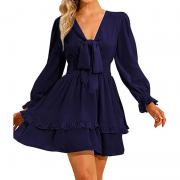 LM6814 Mini Deep V-Neck Long Sleeves Knot Front Ruffle Hem Dress
