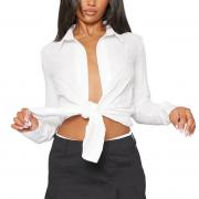 BD1654 Turn-down Collar Long Sleeve Outfit Crop Tops Front Tie Shirts