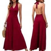 DJ1007 Halter Casual Loose Wide Leg Romper V Neck Elegant Jumpsuits