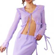 BD1664 Long Sleeves Sexy Sheer Mesh Ruffle Frilled Tie Front Blouse