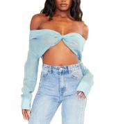 BD1663 Off Shoulder Long Sleeve Crop Top Front Twist Sheer Mesh Blouses