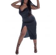 BD1667 Cowl Neck Party Summer Beach Thigh Split Strappy Satin Midi Dress