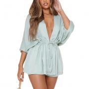 BD1661 Casual Plunge V Neck Summer Drawstring Tie Waist Blouses