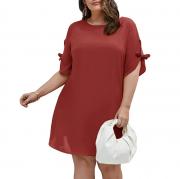 D8039 Elegant Knotted Short Sleeve Round Neck Loose Summer Casual Dress