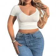 DT1028 Basic Casual T-Shirt Summer Sexy Deep V Neck Tight Tee Crop Tops