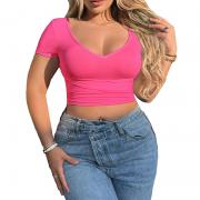 DT1028 Women'S Basic Solid Tee Crop Top Sexy Deep V Neck Tight T Shirt