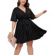 D8103 Solid Basic V Neck Wrap Belted Short Sleeve Elegant Casual Dress