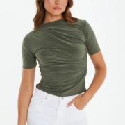 BD1409 High Neck Short Sleeve Basic Top Gym Ruched Casual T-shirts