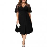 D8080 Summer Elegant Sexy V Neck Mesh Swing Midi Cocktail Party Dress