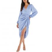 BD1013 Elegant V Neck Long Sleeves Casual Satin Ruched Midi Dress