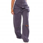 BD1371 High Waist Sweat Pants Zip Front Wide Leg Jogger Trousers