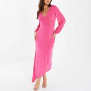 BD1703 V Neck Long Sleeve Slinky Maxi Asymmetric Hem Dress