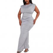 BD1112 Summer O-neck Sleeveless Plus Size Side Ruched Maxi Dress