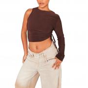 BD1423 Long Sleeve  One Shoulder Asymmetric Hem Side Ruched Crop Tops