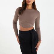 BD1272 Casual O-neck Long Sleeve Asymmetric Hem Corset Cropped Tops