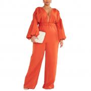 BD1222 Long Puffed Sleeve One Piece Jumpsuit V Neck Wide Leg Jumpsuit