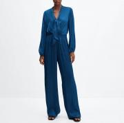 BD1713 Custom V Neck Long Sleeves Elastic Cuffs Flowy Satin Jumpsuit
