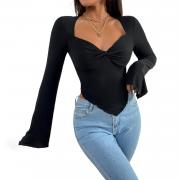 M038 Sexy Bodycon T-Shirt Long Sleeve V-Neck Crop Top with Twist