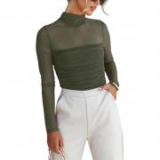 M036 Long Sleeve Sheer Mesh Ruched Top See-through blouses