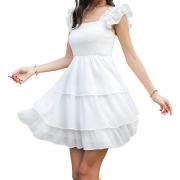 D3063 Women Square Neck Sleeveless Ruffle Tiered Smocked Mini Dress