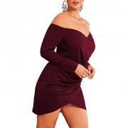 D1004 Red Sexy Off Shoulder Long Sleeve Wrap Mini Short Party Dress