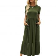 M022 Short Sleeve Crew Neck Midi Tiered Flowy Swing Dresses