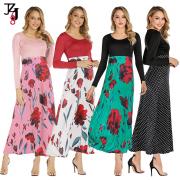 DH001 Fashion Women Spring Autumn Long Sleeve Floral Print Maxi Dress