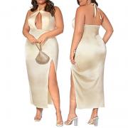 D6037 Backless Split Thigh Sexy Cut Out Halter Long Satin Dress