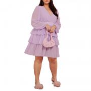 D6056 Layered Chiffon Ruffle Long Lantern Sleeve Elegant Dress