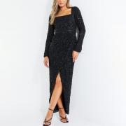 BD1028 Elegant Black Sequin Wrap Maxi Long Evening Bodycon Dress