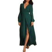 LM6819 Elegant Green Chiffon Puff Long Sleeve Bridesmaid Maxi Dress