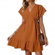 M011 Solid Short Sleeve V-Neck Casual Mini Pleated A-Line Skirt