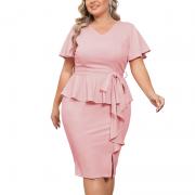 D8091 Pencil V Neck Ruffle Wedding Guest Office Cocktail Party Dress