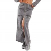BD1195 Front Zipper Washed Cargo Pockets Long Denim Skirts