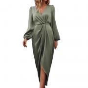 LX6319 Custom Long Lantern Sleeve Twist Front Wrap Hem Party Dress