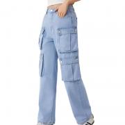 Z1959 Women Cargo Pockets Denim Cotton Front Zipper Fly Pants