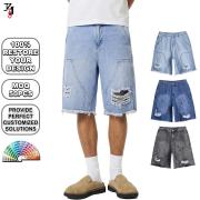 YB1149 Custom Distressed Ripped Raw Hem Jorts Denim Shorts