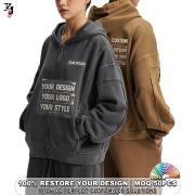 YT1182 Vintage Wash Cotton Raw Edge Seam Zip Up Hoodie