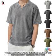 YT1172 Men Vintage Wash Notch V Neck Short Sleeve T Shirt